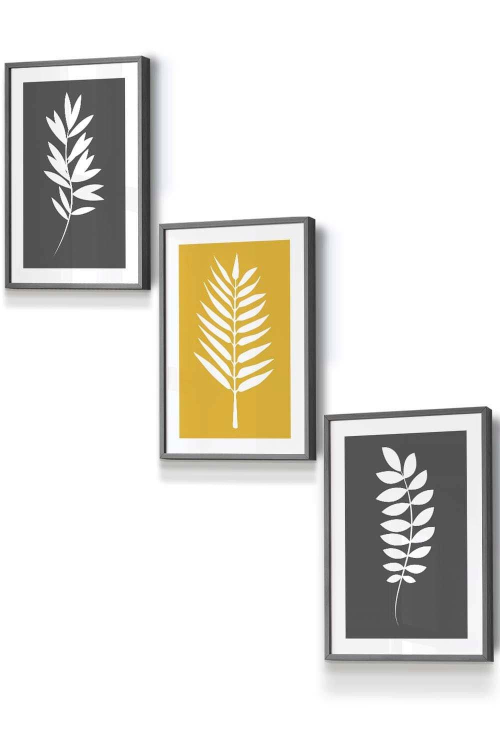 Grey Yellow Graphical Leaves Framed Wall Art - Small